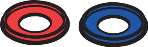 Zwei Gummi-O-Ringe in rot und blau mit schwarzem Rand, möglicherweise für Wasserarmaturen von AXOR. Sie haben zentrale Löcher und sind gleichmäßig geformt.
